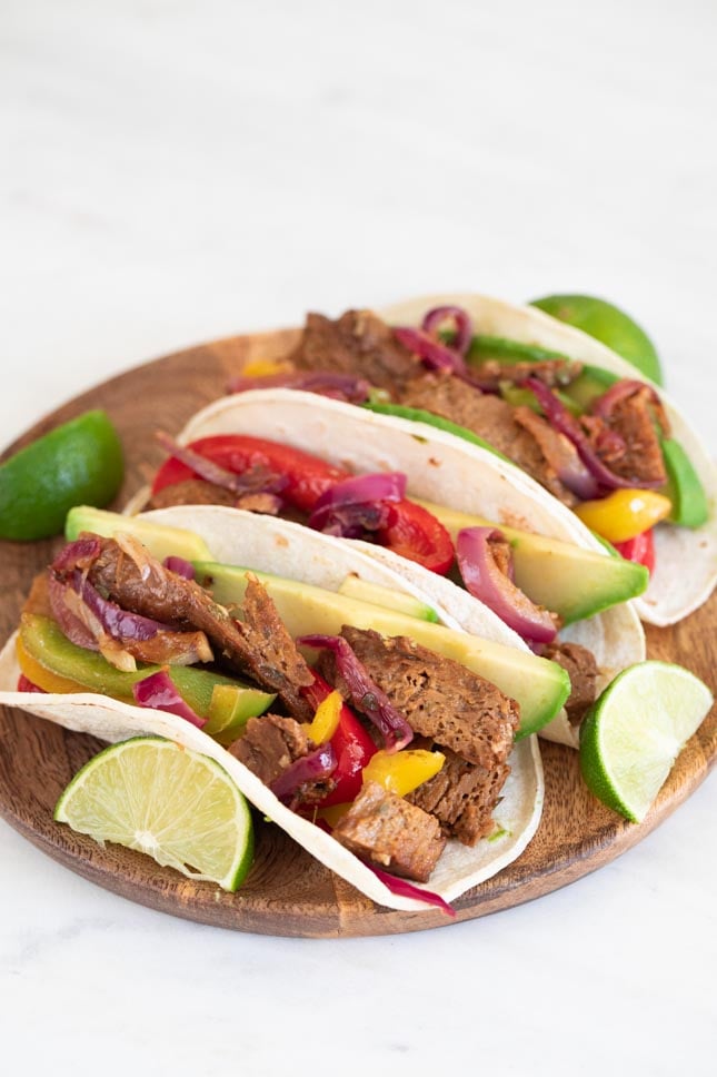 A picture of 3 vegan fajitas