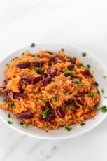 Photo of a plate of homemade Spanish rice and beans