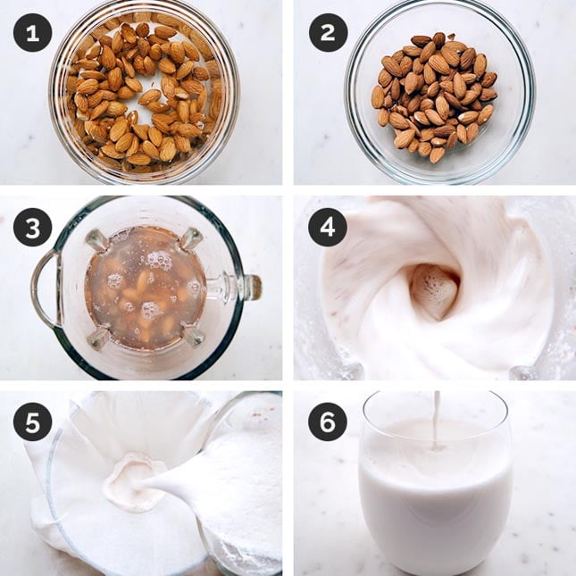 Step-by-step photos of how to make almond milk